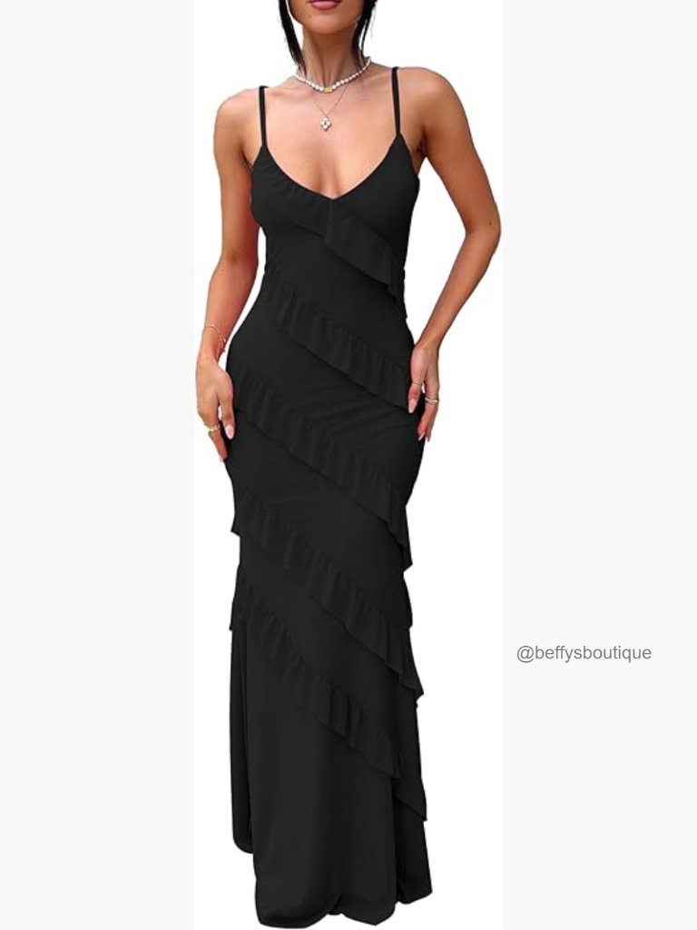 Sexy V-Neck Backless Bodycon Maxi Dress With Ruffle Spaghetti Straps